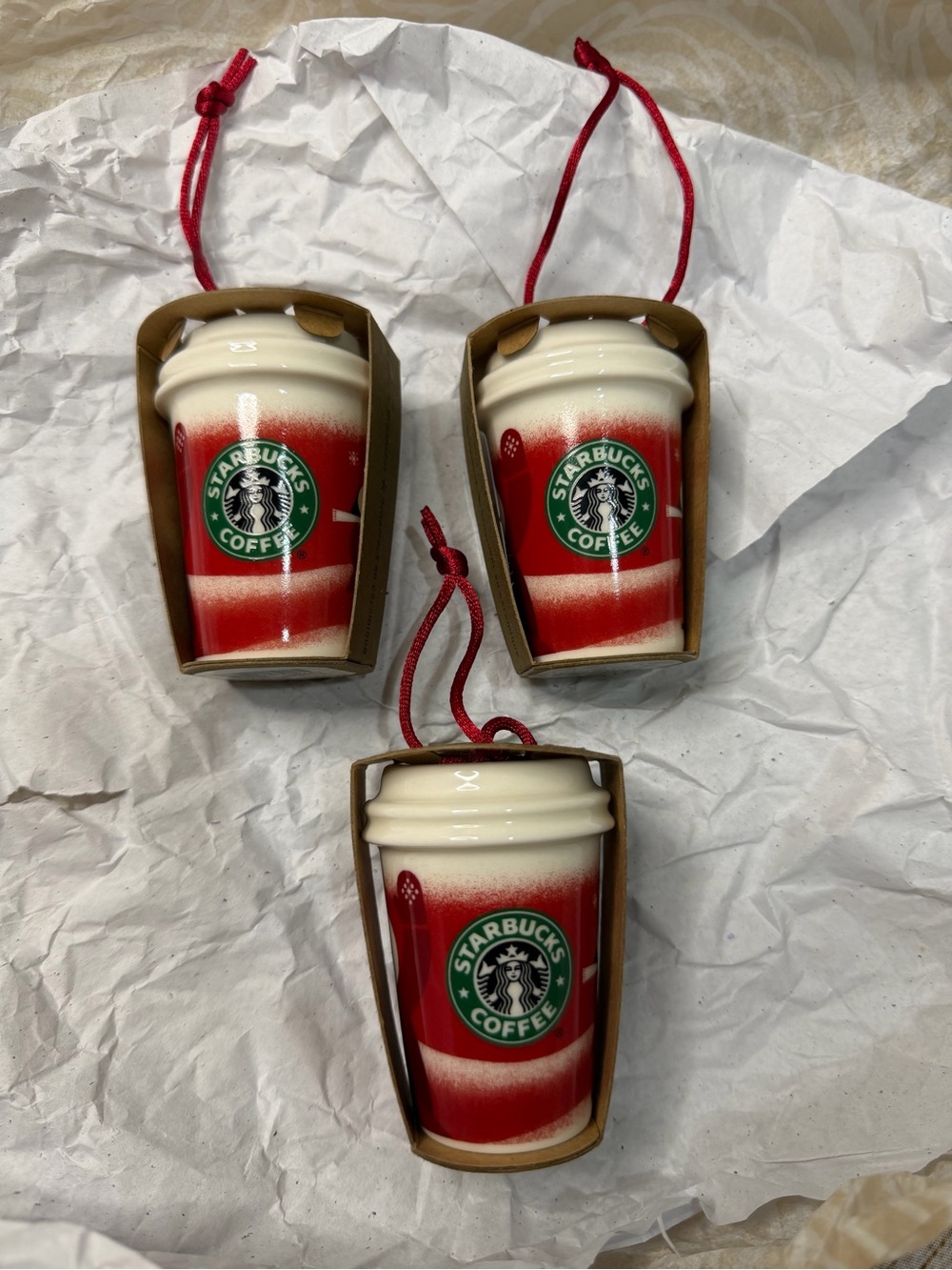 Set of 3 - 2010 Starbucks Holiday Mini Ceramic Cup Ornaments NWT